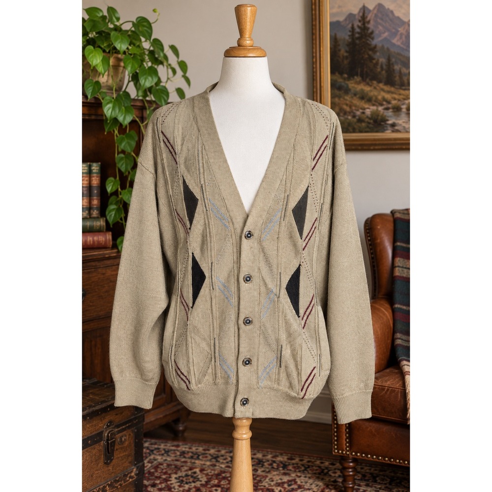 Vintage 90s Grandpa Cardigan Wool Blend Geometric Knit Made in Canada XL